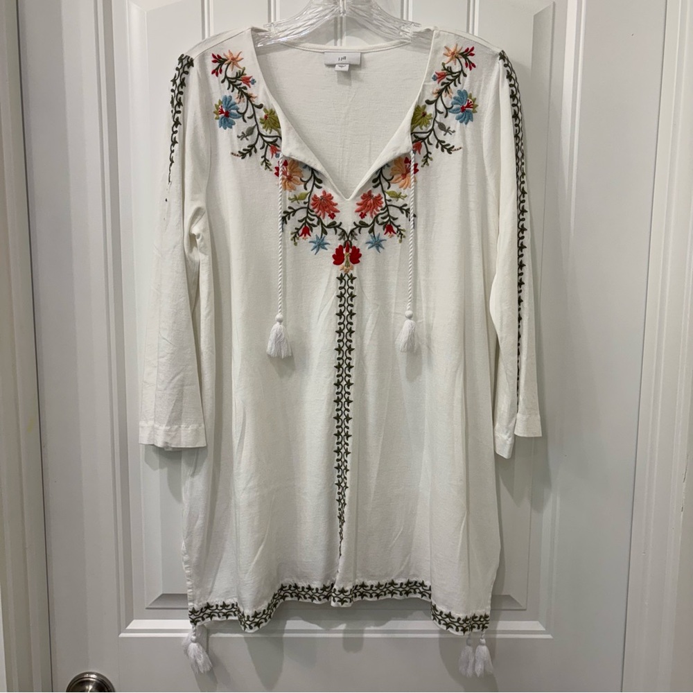 J. Jill Women’s White Semi-Sheer Cotton Tunic Floral Embroidery Size S